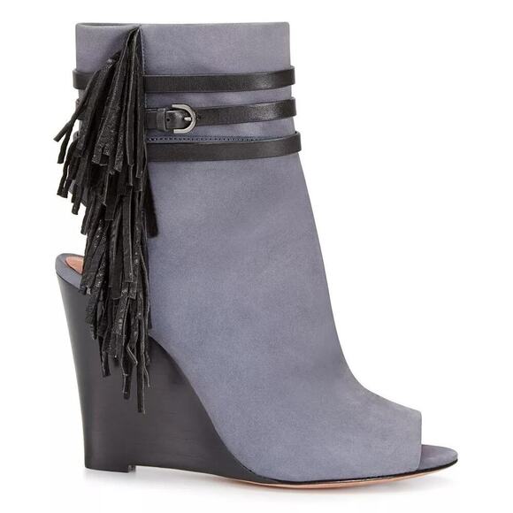 Rebecca Minkoff STEVIE Leather Peep-Toe Fringe Boots Bootie Grey Womens Size 9.5 - Picture 1 of 10